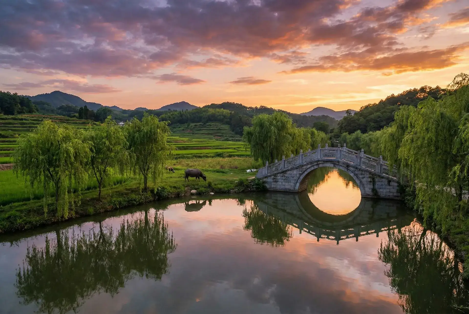 夕阳下的石拱桥与垂柳，水牛在河边吃草 - 大兴机场运行良好 乡村美景